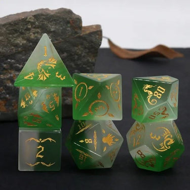 Dragon on Green and White Glass - 7pcs RPG Dice Set